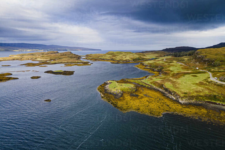 aerial of loch dunvegan isle of skye inner hebrides scotland united kingdom europe RHPLF19089 768x512